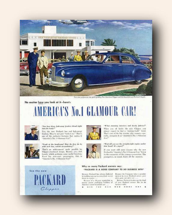 1946 A joint ad for Packard cars with a Pan American terminal in the background.